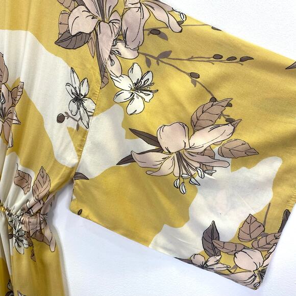 AMUSE SOCIETY Kimono Floral Ginger Womens S Yellow Tie Front Maxi Duster Boho - Picture 6 of 14